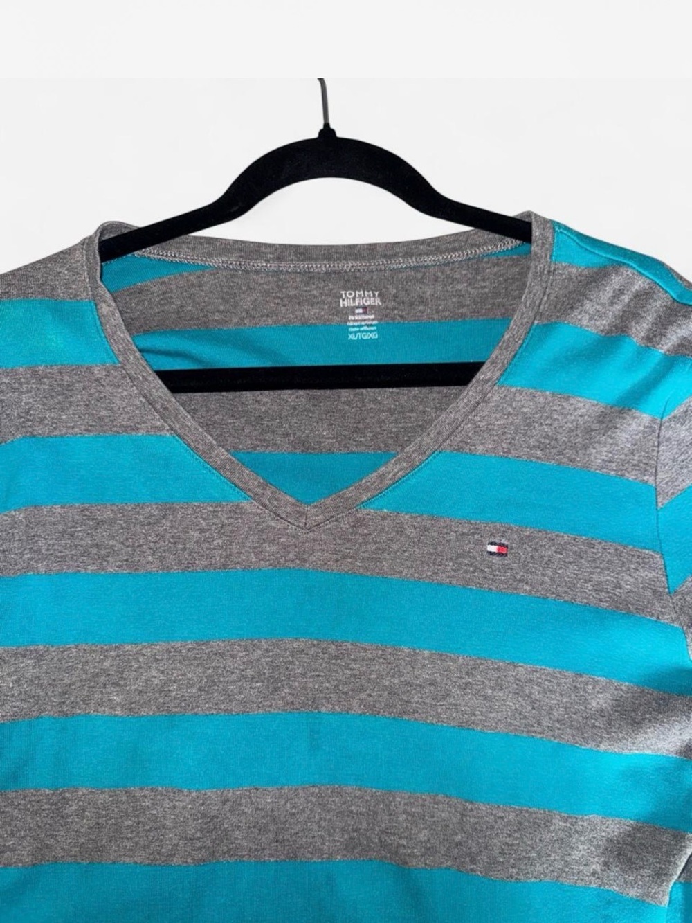 Tommy Hilfiger Teal and Gray Striped V-Neck Long Sleeve Top - Picture 2 of 3